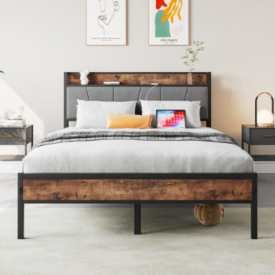 Full Size Bed Frame, Storage Headboard With Charging Station, Solid And Stable, Noise Free, No Box Spring Needed, Easy Assembly,Vintage Brown And Gray