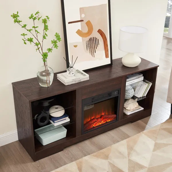 TV Stand Electric Fireplace Glass Shelves, 3D Fireplace TV Stand With LED Lights Wood With USB Charging Outlet Modern Television Table Center For TV Up To 62" ESP, 58''W*15.5''D*24.4
