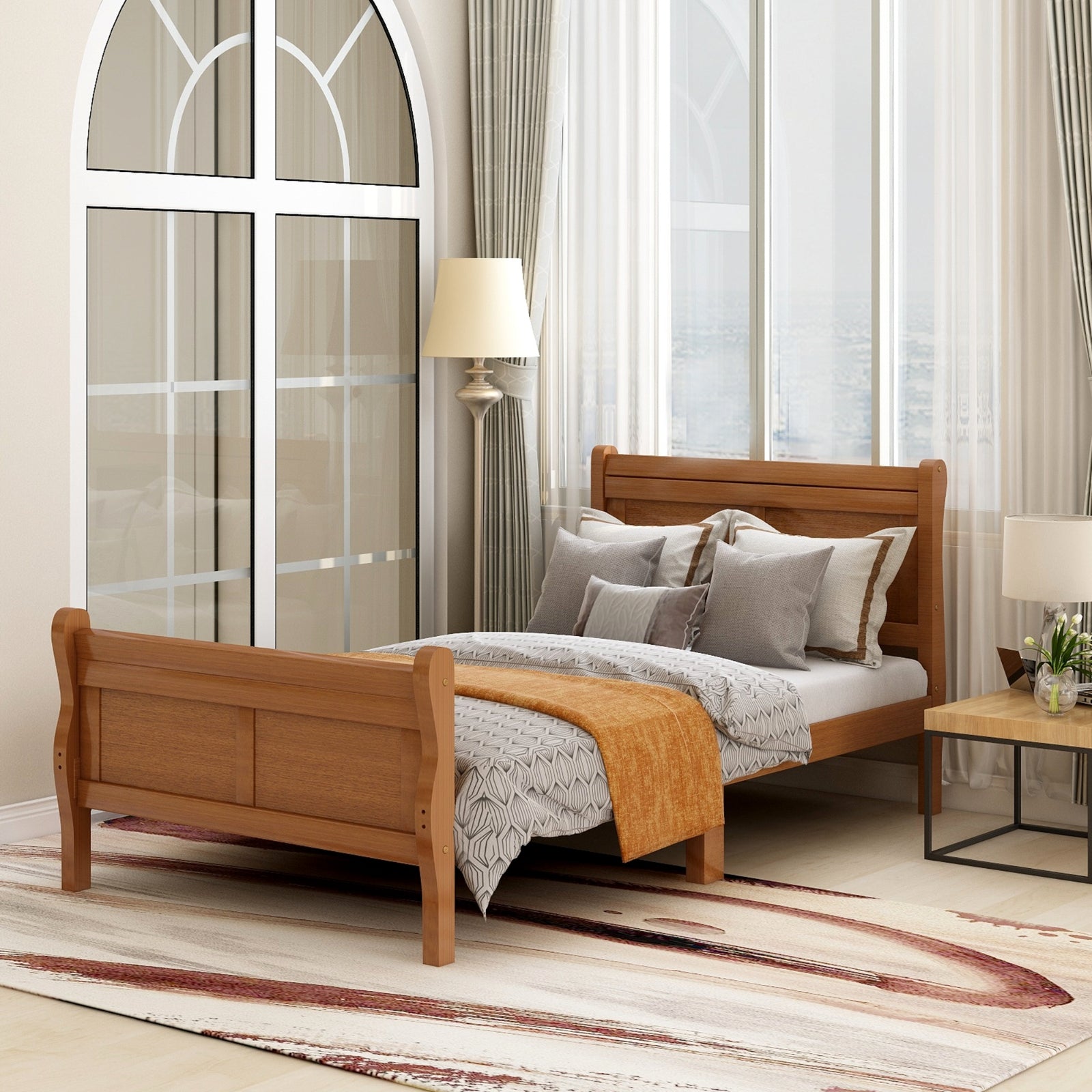 Wood Platform Twin Bed Frame, Sleigh Design With Headboard Footboard, Wood Slat