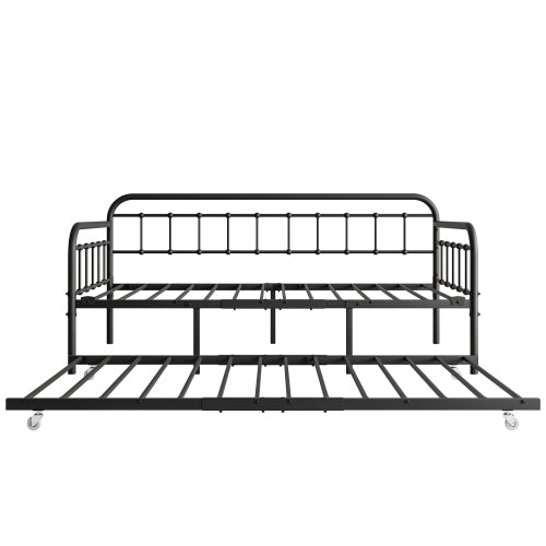 Twin Size Metal Daybed Frame With Trundle, Heavy Duty Steel Slat Support Sofa Bed Platform With Headboard, No Box Spring Needed, Black