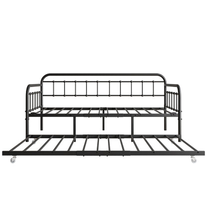 Twin Size Metal Daybed Frame With Trundle, Heavy Duty Steel Slat Support Sofa Bed Platform With Headboard, No Box Spring Needed, Black
