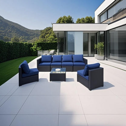 Seven-Piece Sofa Set Table With Sofa Chair Black PE Rattan Outdoor Furniture 7-JH001 Box 3-1-2-3 With Blue Color Cushion