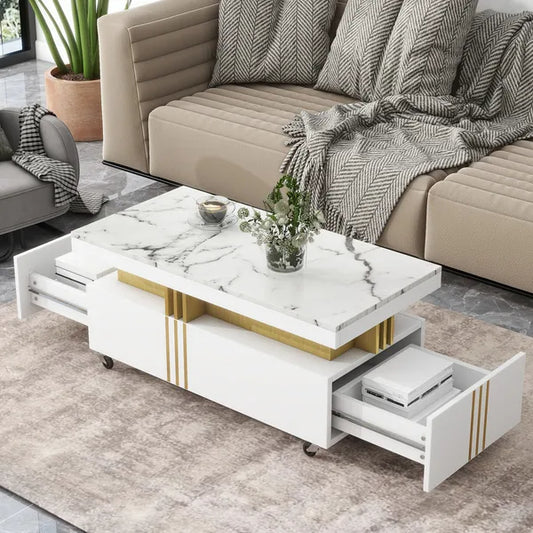 VIDEO Provided ON-TREND Contemporary Coffee Table With Faux Marble Top, Rectangle Cocktail Table With Caster Wheels, Moderate Luxury Center Table With Gold Metal Bars For Living Room, White