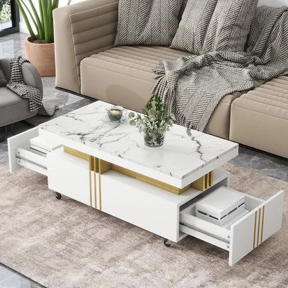 VIDEO Provided ON-TREND Contemporary Coffee Table With Faux Marble Top, Rectangle Cocktail Table With Caster Wheels, Moderate Luxury Center Table With Gold Metal Bars For Living Room, White