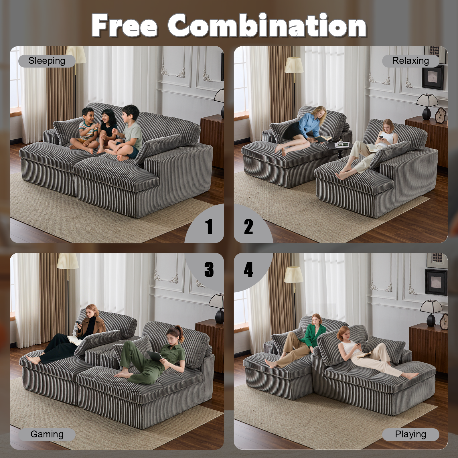 Grey Corduroy Chaise Lounge Deep Seat Assembled