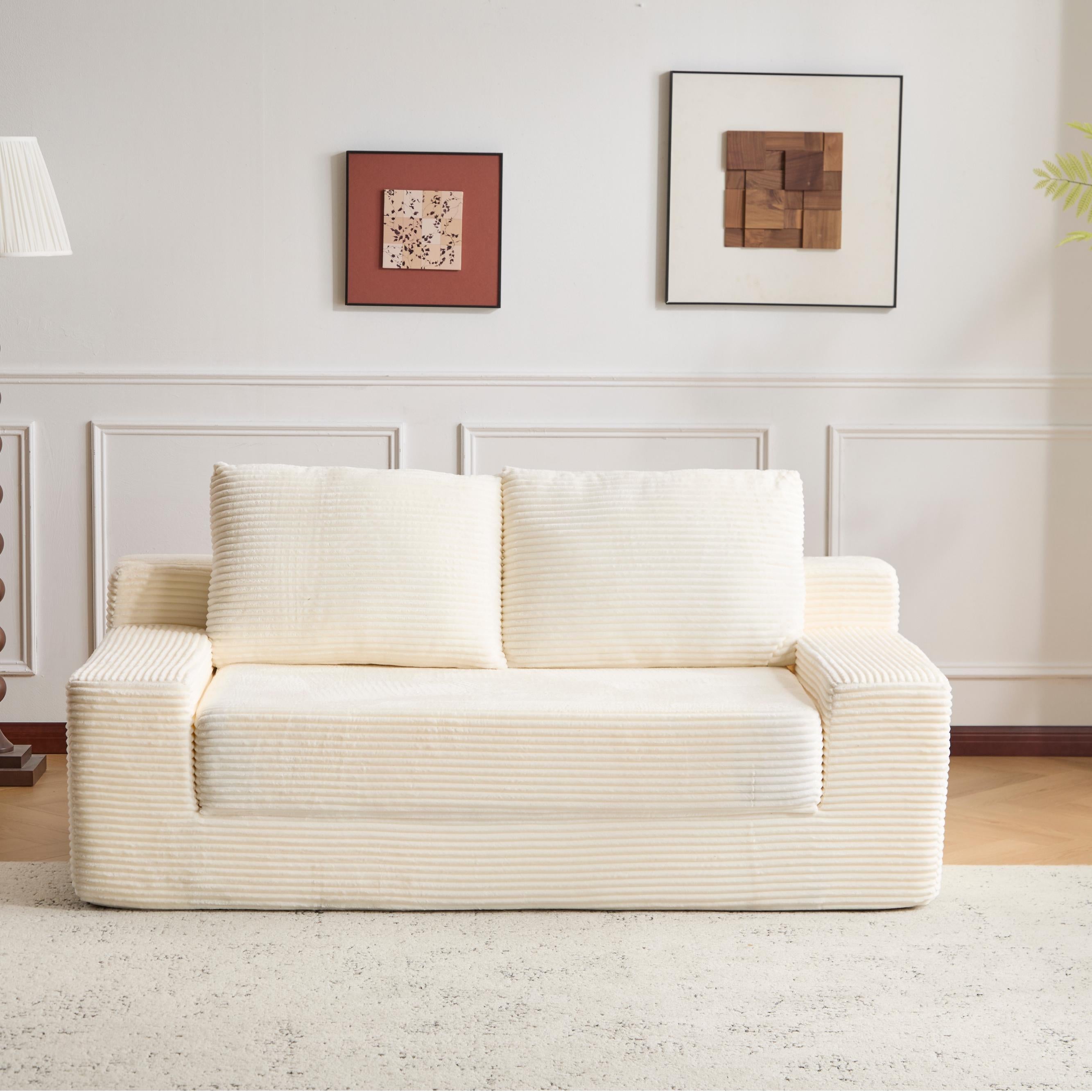 White Corduroy Loveseat Sofa Reversible Cushions