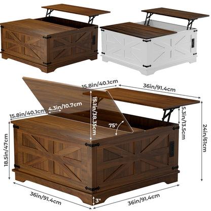 Farmhouse Coffee Table With Lift-Top, USB Charging Station & Hidden Storage - Sturdy Wooden Base, White-Brown Options, Perfect For Living Room Organization, Coffee Table For Living Room, Versatile