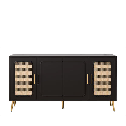 59.84 Vintage Four-Door Cabinet, Plastic Rattan, Suitable For Living Room, Dining Room, Bedroom Black
