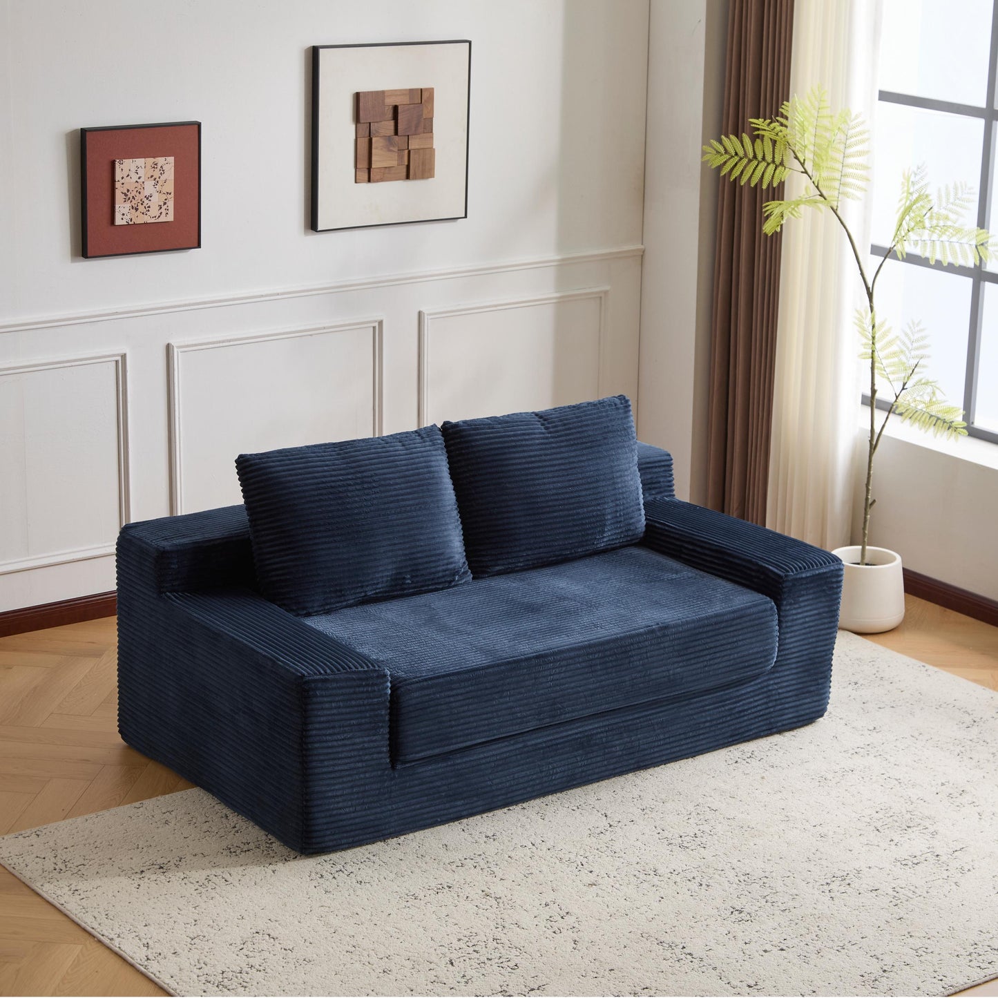 Loveseat Sofa, Comfortable Deep Seat Sofa Bed, Modern Small Corduroy Couch For Living Room Bedroom,Reversible Cushion With Pillows,No Assembly Required, Dark-blue
