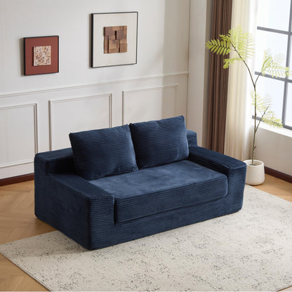 Loveseat Sofa, Comfortable Deep Seat Sofa Bed, Modern Small Corduroy Couch For Living Room Bedroom,Reversible Cushion With Pillows,No Assembly Required, Dark-blue