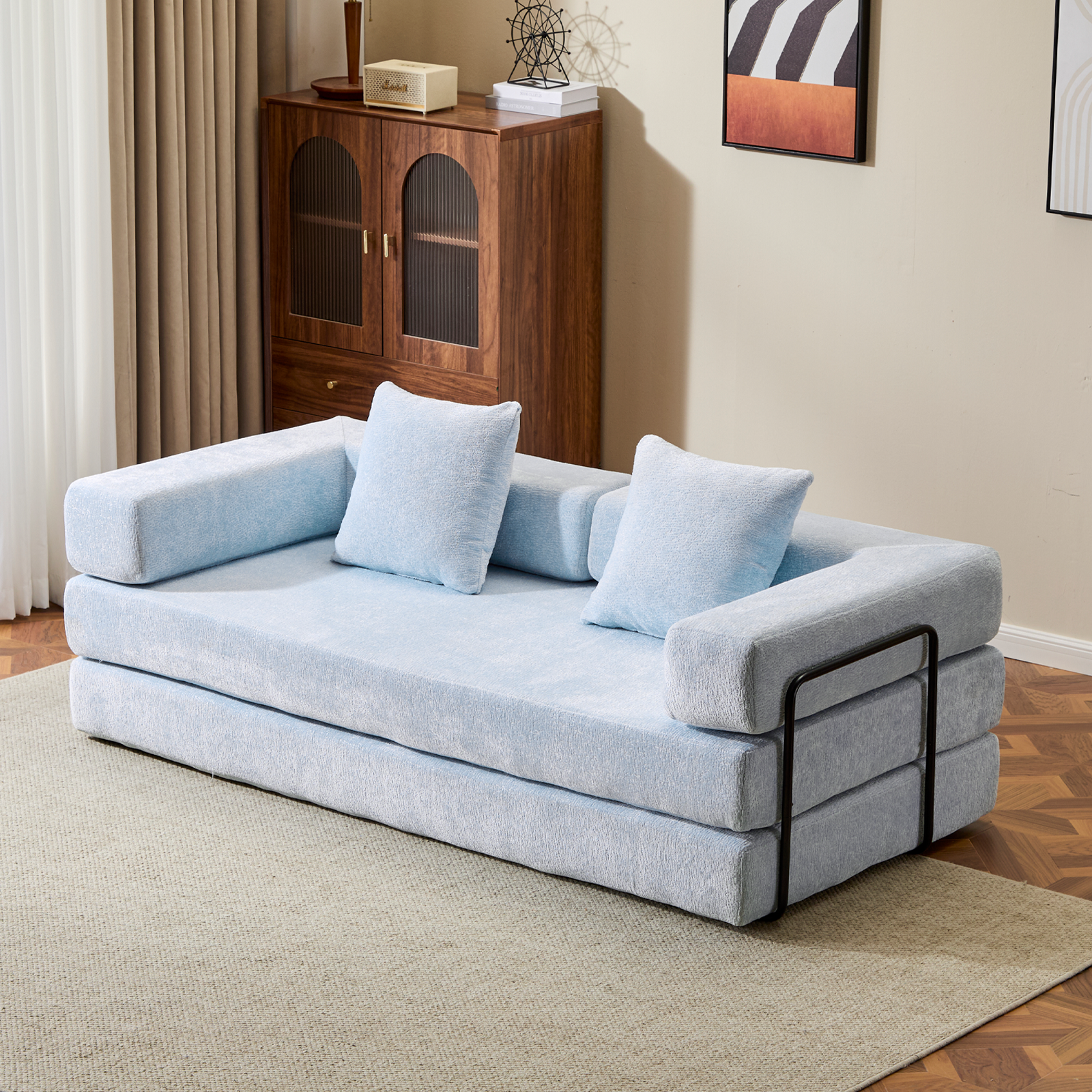 Blue Chenille Convertible Sofa