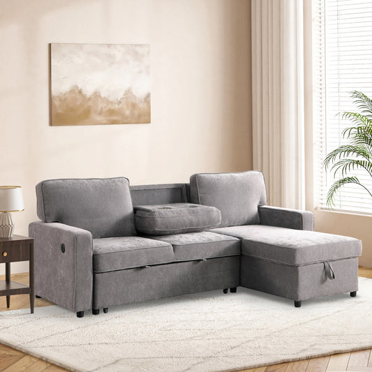 Upholstery Sleeper GREY Sectional Sofa With Storage Space, USB Port, 2 Cup Holders On Back Cushions