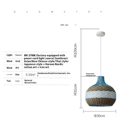 Vine Woven Living Room Pendant Lamp, Pastoral Southeast Asian Tea Room