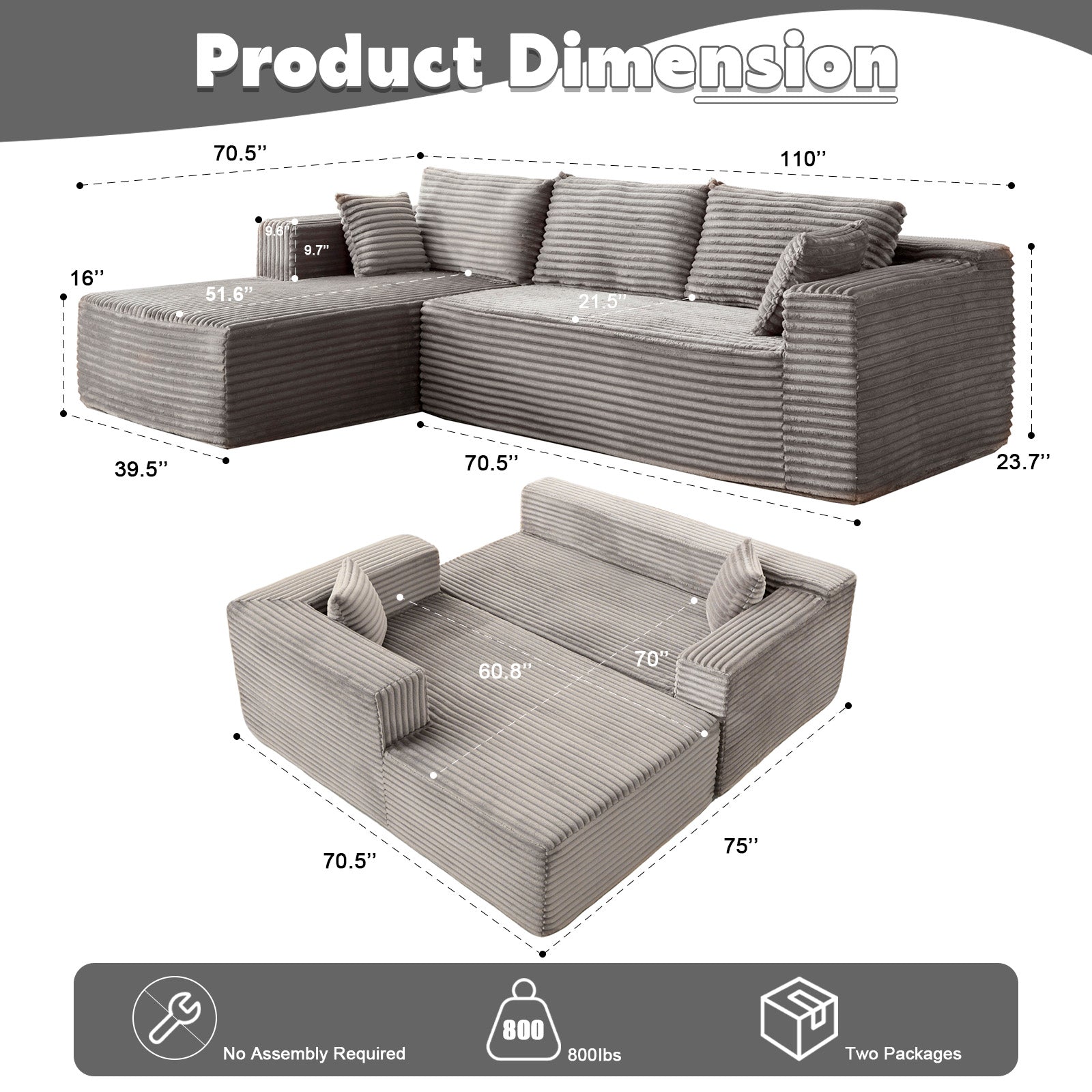 Grey Corduroy Sectional Sofa