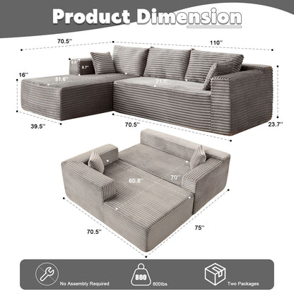Compression Sectional Couch With Comfy Chaise, Boneless L Shape Sofa With Deep Seat, Minimalist Modular Couches Sleeper For Living Room Bedroom Apartment Lounge,corduroy,Grey