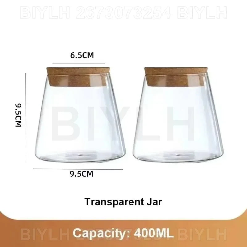 Clear glass hydroponic plant pot with natural cork lid 9.5cm tall for home decoration and dry goods storage