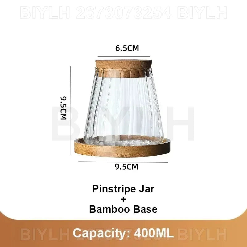 Clear glass pinstripe hydroponic plant jar with cork lid and bamboo base for home decoration and garden accessories