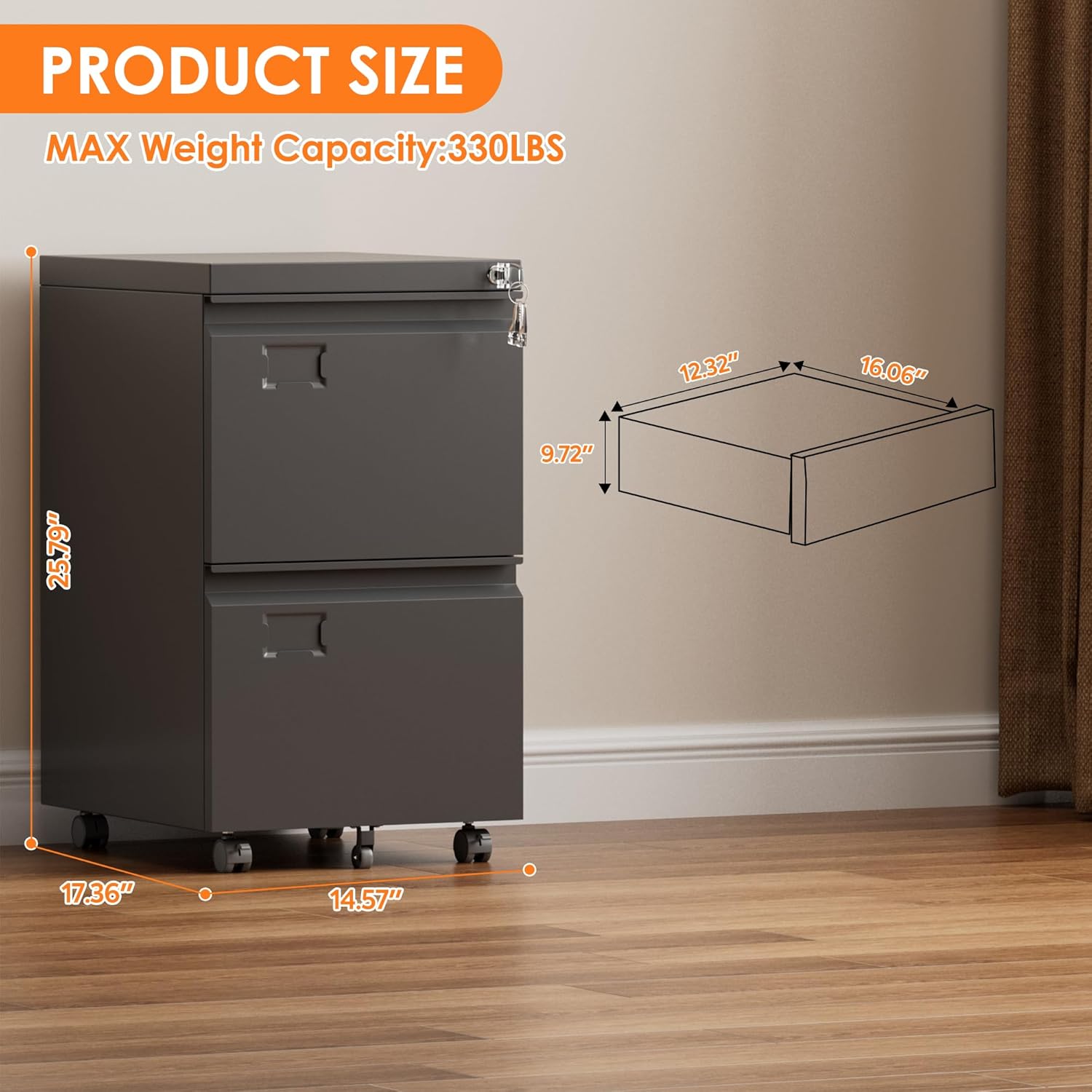 2 Drawer Mobile File Cabinet, Metal Under Desk Cabinet With Lock Name Card Holder For Office Home, Legal Letter Size, Assembly Required - Decorbites