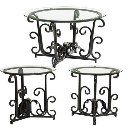 3-Piece Coffee Table Set, Tempered Glass Surface With Sturdy Metal Frame Modern Living Room Sets 1 Coffee Table & 2 End Tables