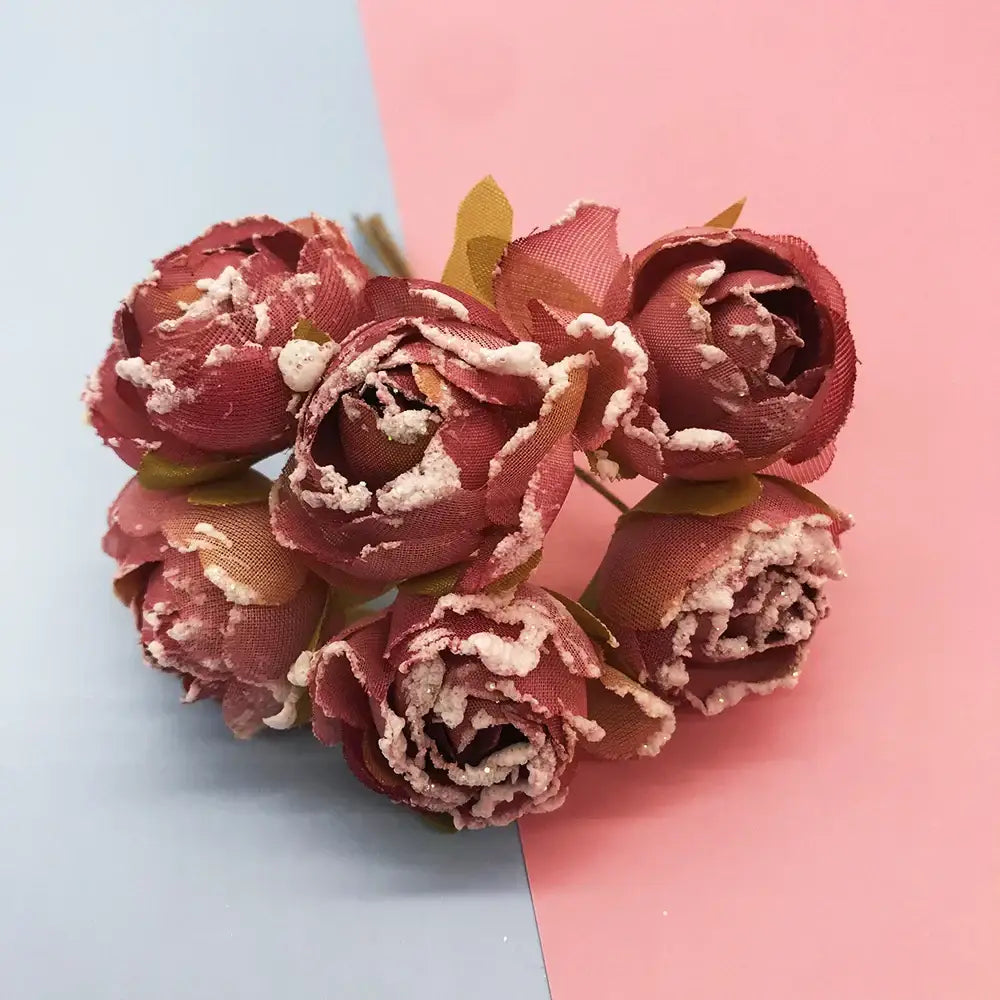A cluster of 200pcs mixed rose red artificial peonies with delicate textured petals and subtle white glitter accents for diy decor