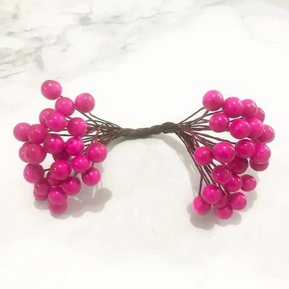 Vibrant fuchsia glossy artificial berry cluster with twisted brown wire stems in 200pcs mixed rose red flower stamen bundle
