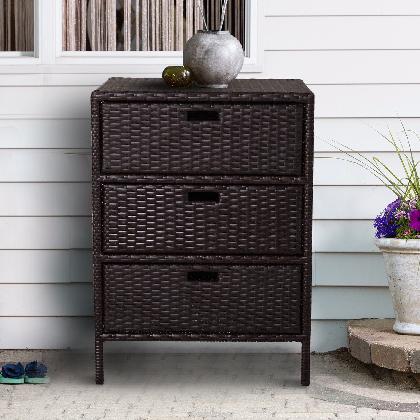 32  Poolside Rattan Wicker Patio Organizer Storage Cabinet With 3 Large Drawers  Weather Fighting Materials