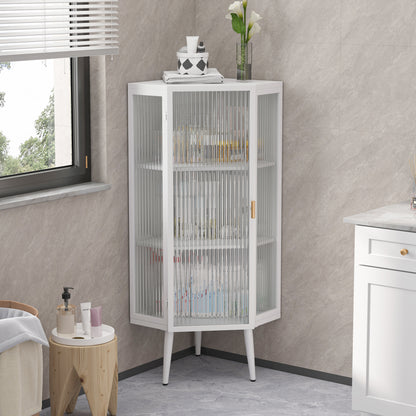 22.25'' Floor Coner Cabinet,Three Tiers With Tempered Glass Doors And Storage Shelves For Bathroom, Living Room And Bedroom White