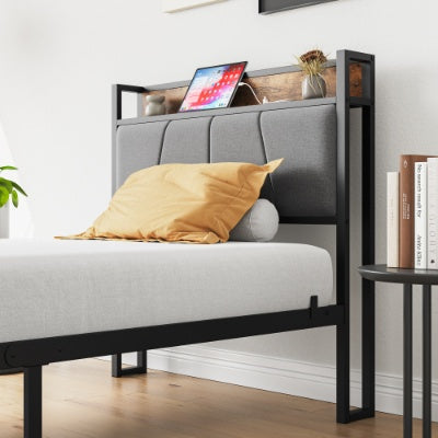 Twin Size Bed Frame, Storage Headboard With Charging Station, Solid And Stable, No Box Spring Needed, Easy Assembly