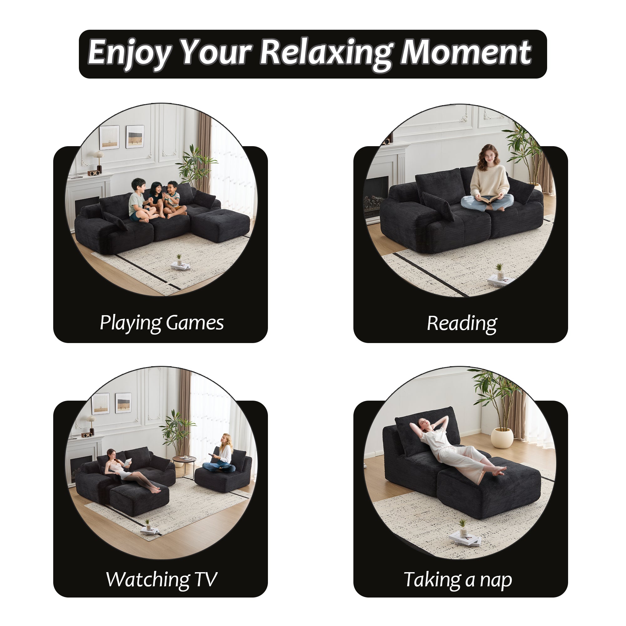 Black Corduroy Sectional Sofa Memory Foam Cushions