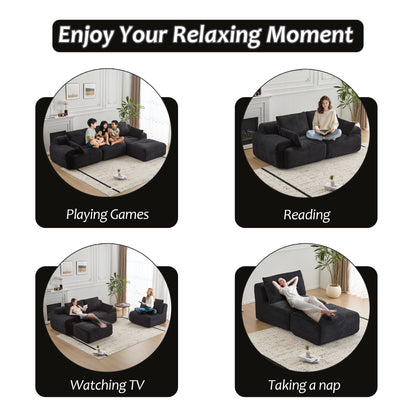 Modern Memory Foam Compressed Sofa,Large Sectional Couches For Living Room,Pet-Friendly Cloud Modular Sectional Sofa,Corduroy Fabric,Extra Deep Loveseat,No Assembly Required, Black