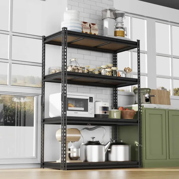 4-layer Adjustable Shelf Spacing, Gourd-shaped Perforation, Rubber Mallet With Gloves, Display Rack, Iron, 122*45*153.5cm, Black Iron, Natural Wood-colored MDF
