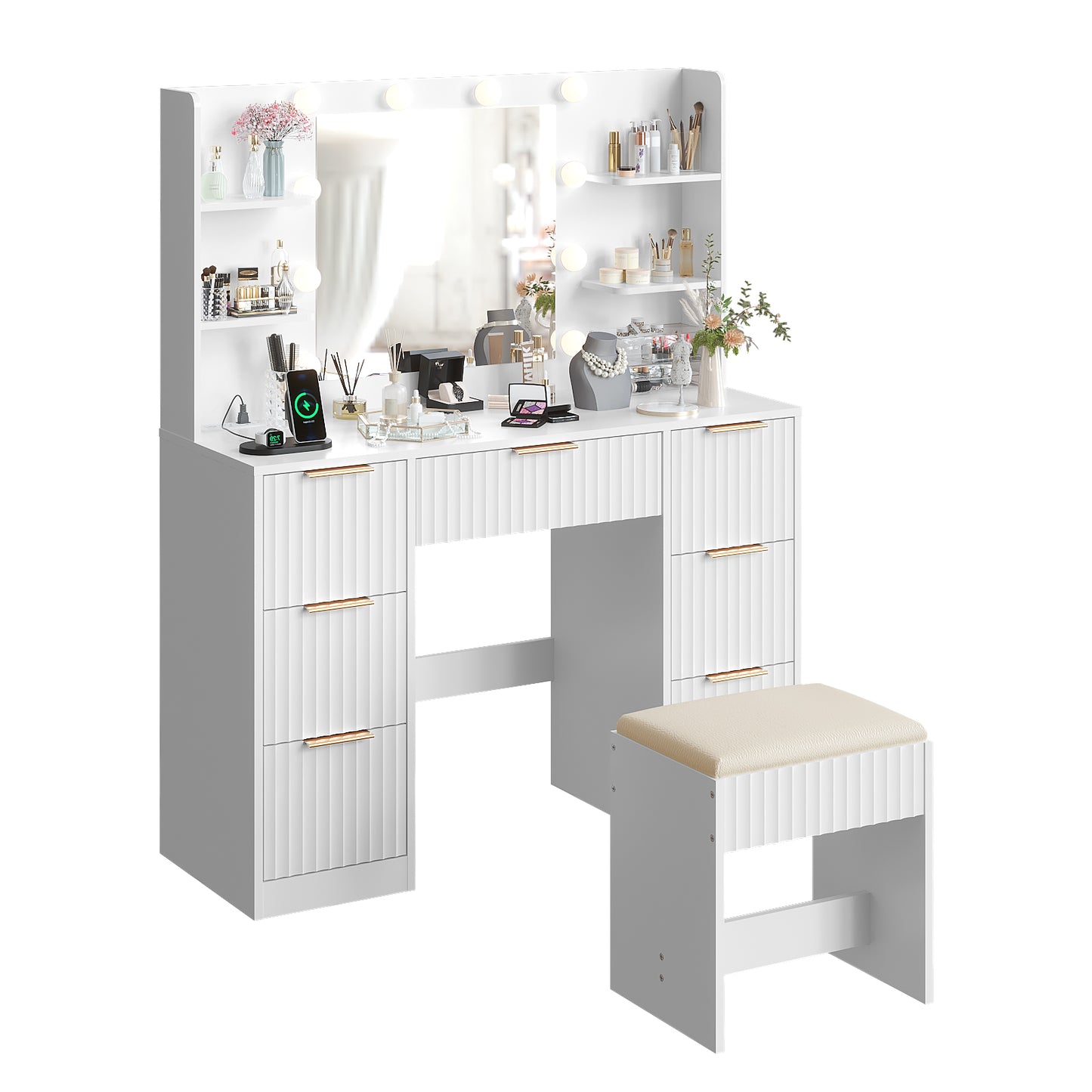 White Vanity Desk With Mirror And Lights, Modern Makeup Vanity Table W-7 Drawers And 4 Storage Shelves, Bedroom Dressing Table With Cushioned Stool, 10 LED Lights, 3 Lighting Modes White