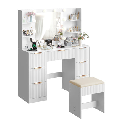 White Vanity Desk With Mirror And Lights, Modern Makeup Vanity Table W-7 Drawers And 4 Storage Shelves, Bedroom Dressing Table With Cushioned Stool, 10 LED Lights, 3 Lighting Modes White