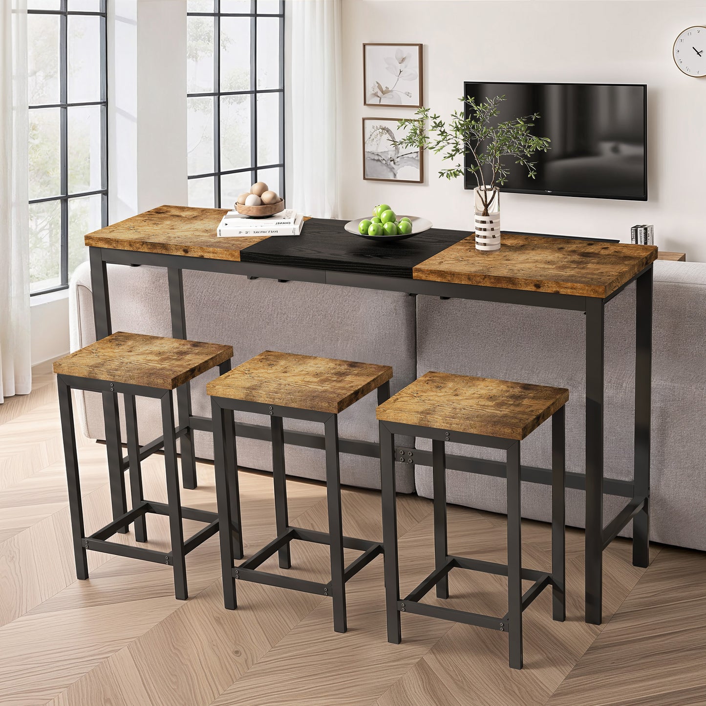 Modern Design Kitchen Dining Table, Pub Table, Long Dining Table Set With 3 Stools, Convenient Hanging Stool Design, Natural Black,