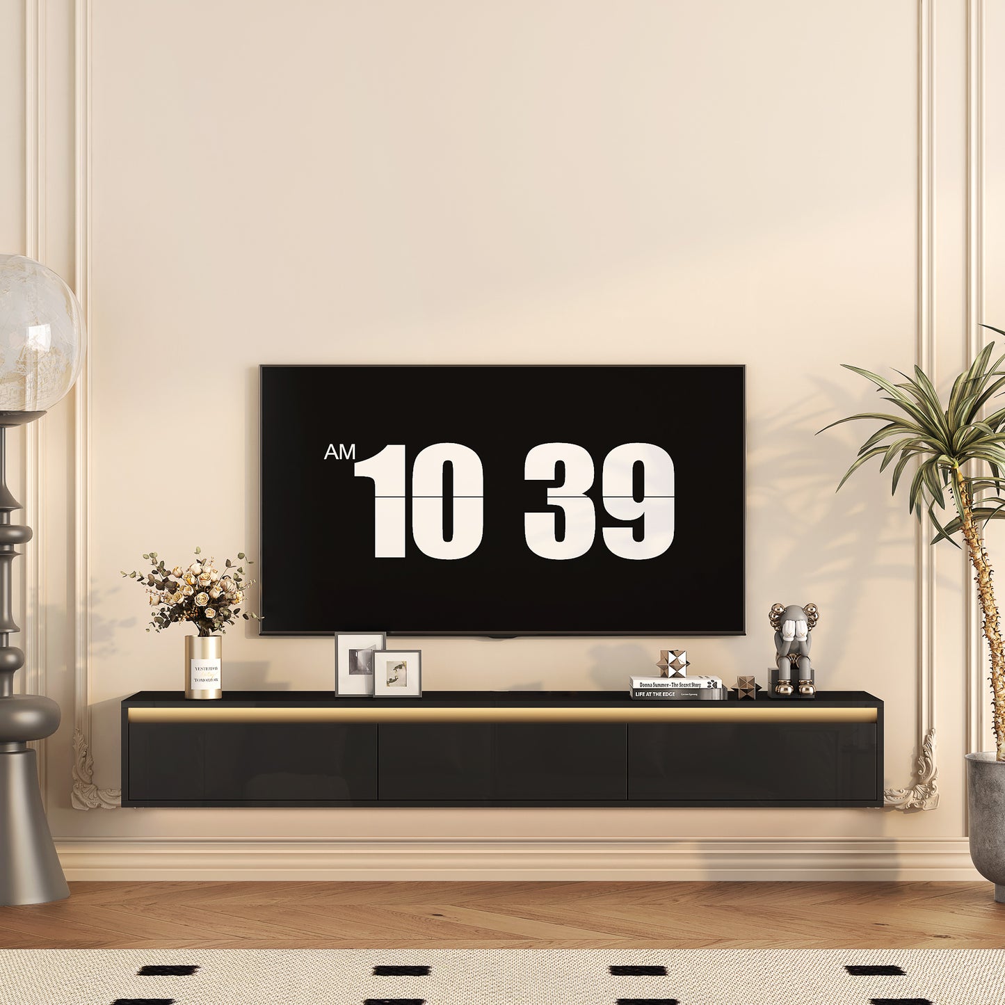 Floating TV Stand, Wall Mounted TV Shelf With Led Lights & Power Outlet,High Gloss TV Cabinet For Black Tv Stands For Living Room
