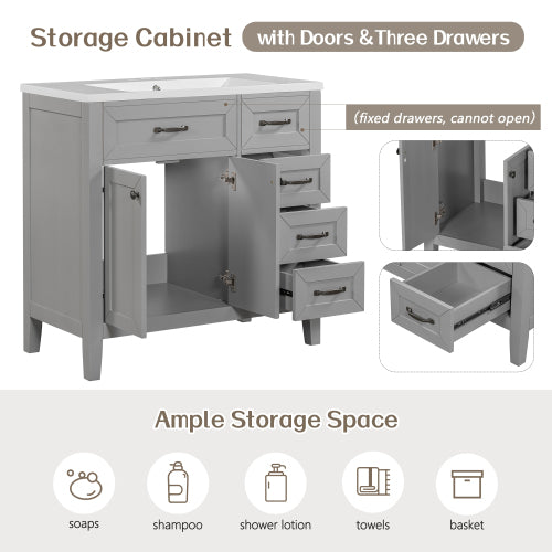 36  Bathroom Vanity With Sink Combo, Gray Bathroom Cabinet With Drawers, Solid Frame And MDF Board