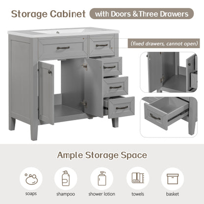 36  Bathroom Vanity With Sink Combo, Gray Bathroom Cabinet With Drawers, Solid Frame And MDF Board