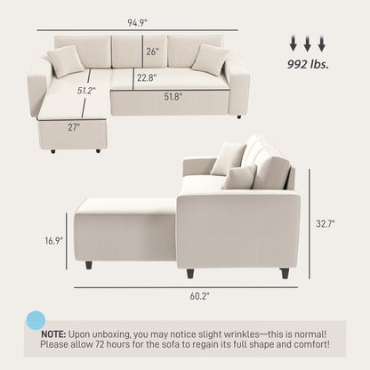 Corner Sofa With Reversible Chaise Lounge, Corduroy L-Shaped Sectional Sofa With Pocket Spring, Cream White