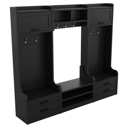 4-in-1 Detachable Hall Tree With Storage And 7 Hooks, Multiple Functions Hallway Coat Rack With Storage Drawers And Cabinet, Black Shoe Bench For Entryway Hallway