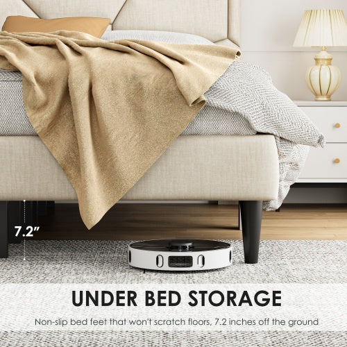 Beige Linen Storage Bed Rubber Wood Frame
