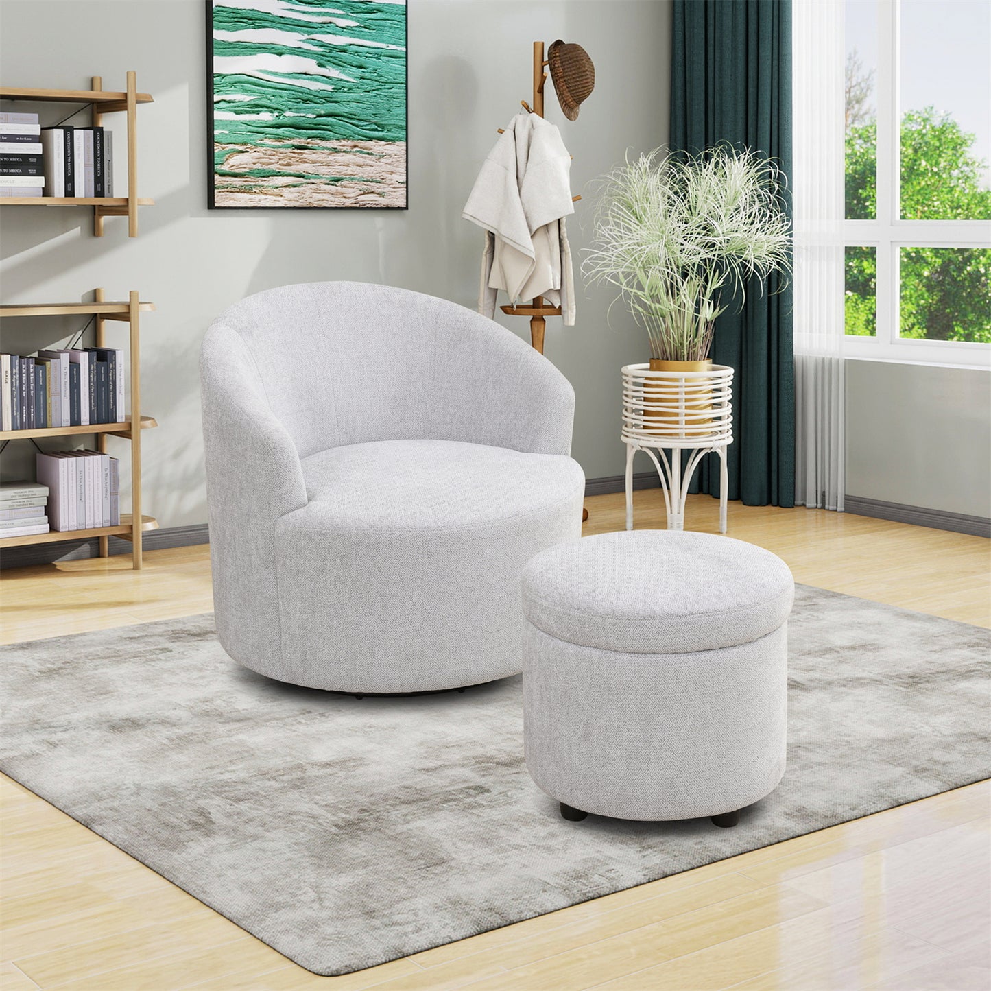 Sofa Stool Set With Storage Function, Grey-White Breathable Sackcloth
