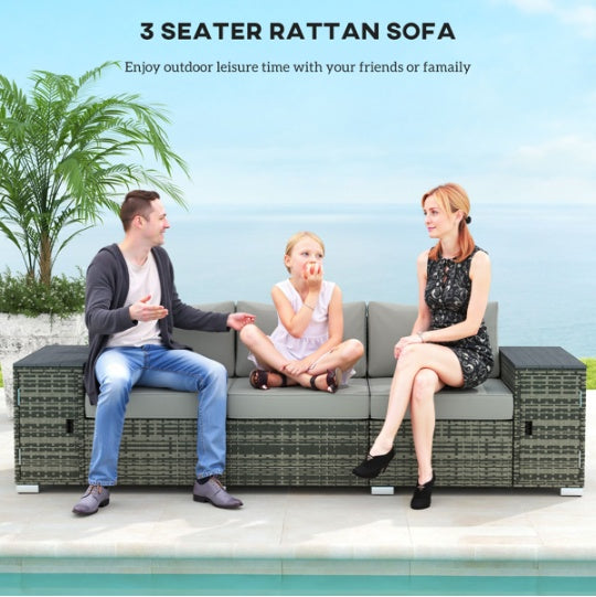 Grey Woven Outdoor Sofa Hidden Storage Armrests
