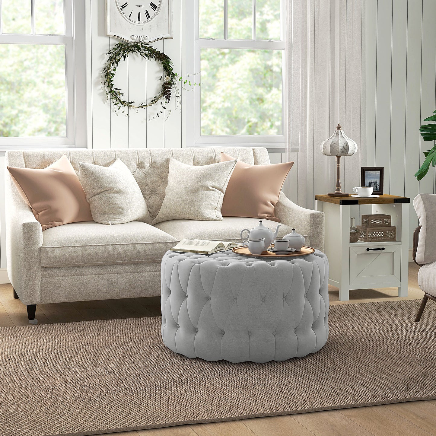 Round Ottoman Coffee Table with Velvet-feel Upholstery