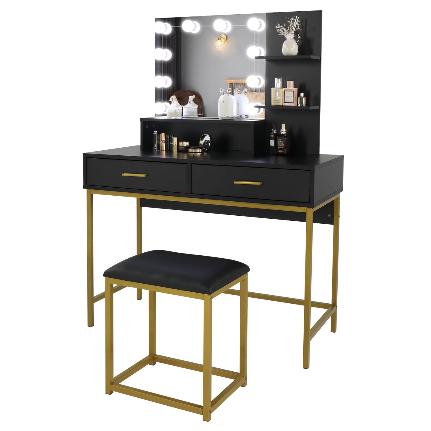 Black, Particleboard, Steel Frame, Two-drawer, Three-tier Shelf, Dressing Table Set, Three-tone Light, Light Luxury