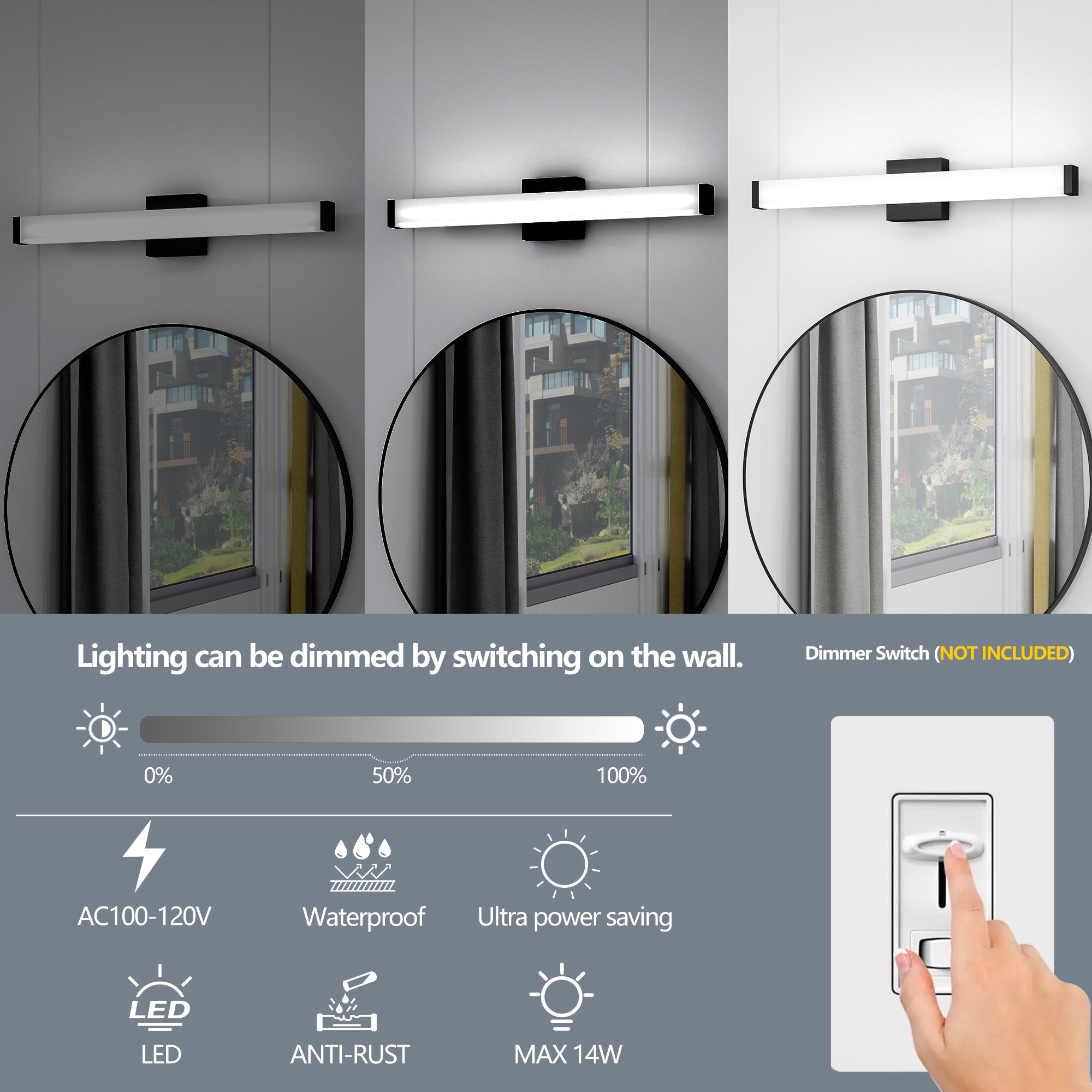Black 14W LED Vanity Light Over Mirror