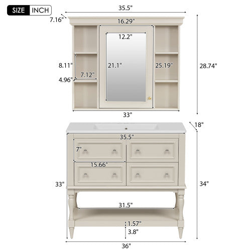36'' Bathroom Vanity With Medicine Cabinet, Modern Mirror Cabinet With Adjustable Shelf, Bathroom Storage Cabinet With 4 Drawers, Solid Wood Frame Bathroom Storage Cabinet