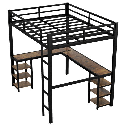 Full XL Metal Loft Bed With Desk And Shelves, Loft Bed With Ladder And Guardrails, Loft Bed Frame For Bedroom, Black