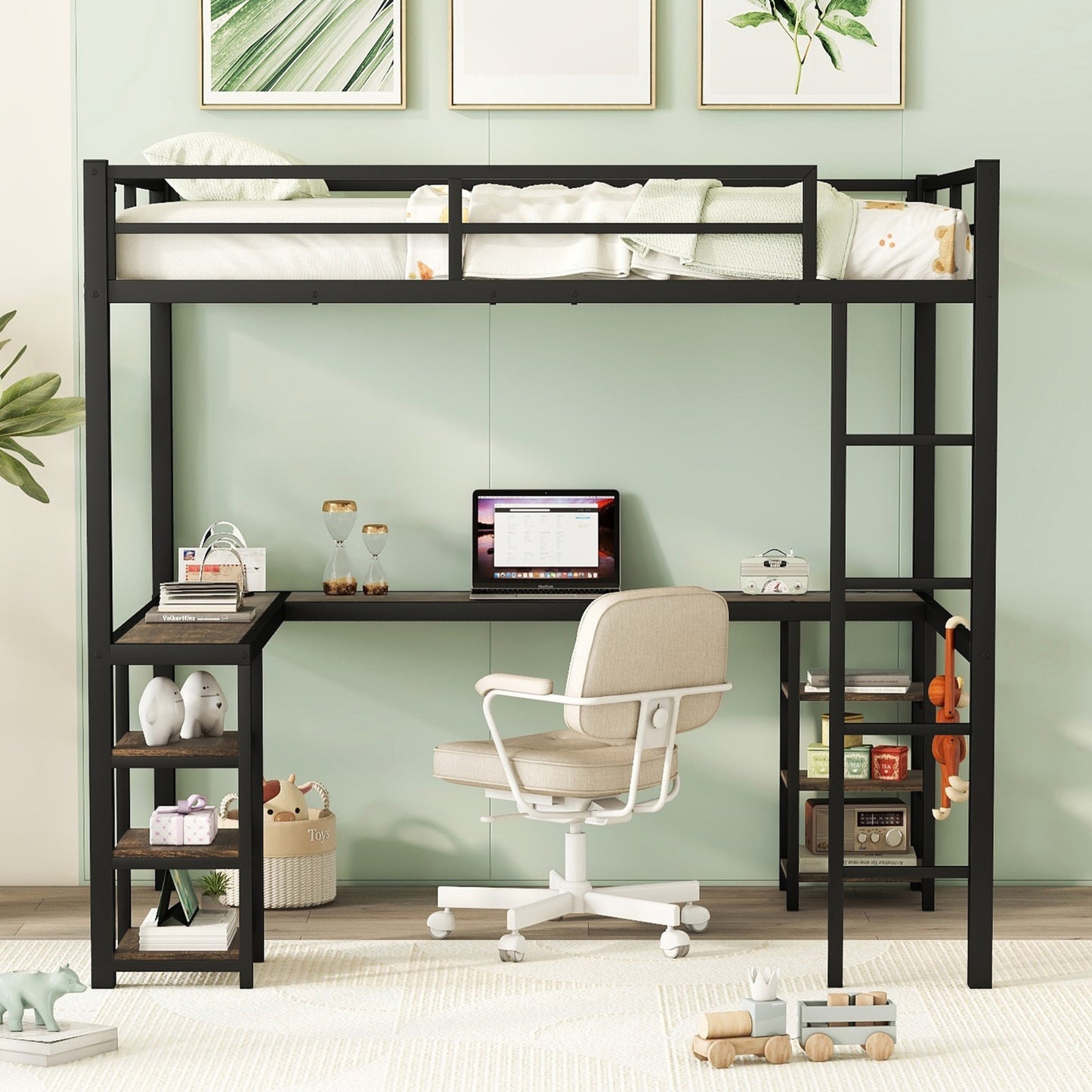 Full Metal Loft Bed With Desk And Shelves, Loft Bed With Ladder And Guardrails, Loft Bed Frame For B