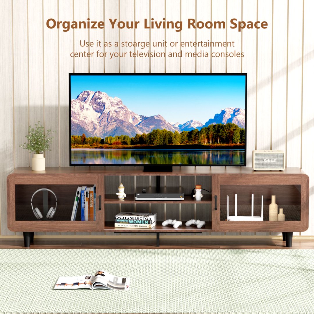 Mid Century Modern TV Stand For 55,60,65,70 Inch TV, Wood Entertainment Center With Power Outlets, Media Console With Sliding Doors And Open Shelf For Living Room, Walnut