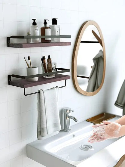 Floating Bathroom Shelf With Towel Rail; Bathroom/living/kitchen/bedroom Wall Shelf Set Of 2; Light Brown; Dark Brown; Black.